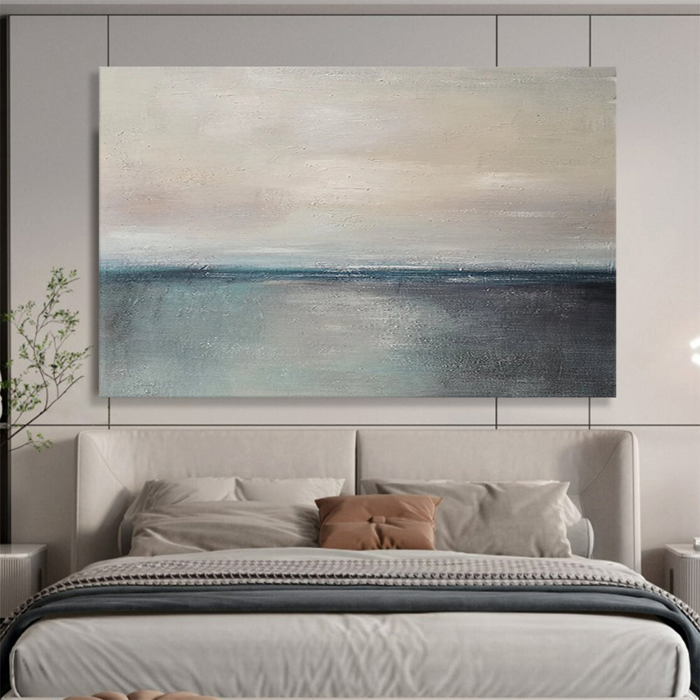 “Gray, Blue, Minimalist Horizon ‘Quiet Sea’” - Minimalist Seascape Painting On Canvas DLZ028