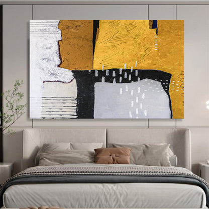Earthy Geometric Collage in Mustard, Black, and Cream, Abstract Mixed - Media Painting On Canvas DKH574