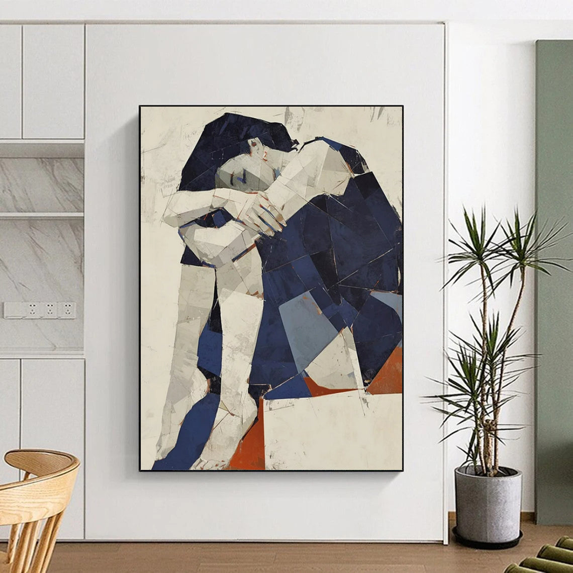 “Geometric Figure” - Blue & White Abstract Figure Painting On Canvas CT2214