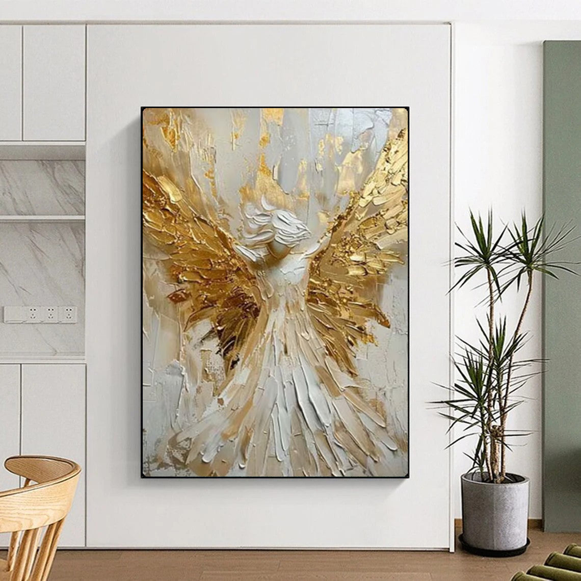 “Golden - Winged Angel” – Textured Religious - Inspired Oil Painting On Canvas CT2135