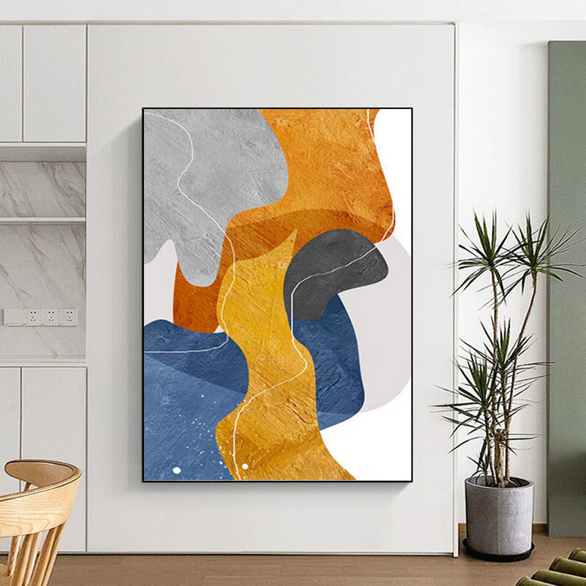 “Color Block Pathways” - Gray, Orange, Yellow & Blue Abstract Shapes Painting On Canvas DKH1550
