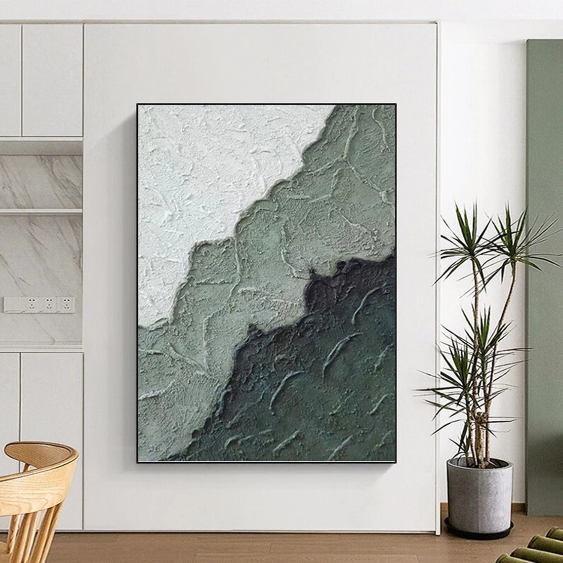 “Textured Green & Gray Mountains” - Green, Gray & Black Textured Abstract Landscape Painting On Canvas DKH1212