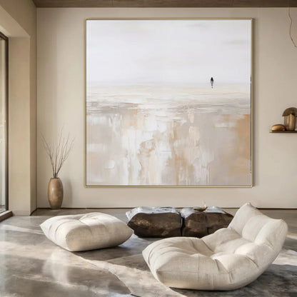 Solitary Figure on Beige Horizon - Minimalist Abstract Oil On Canvas CT1312