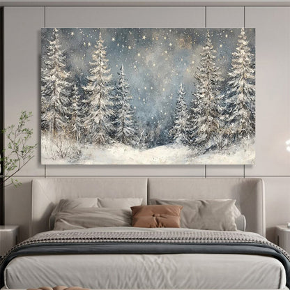 “Snowy Forest Starry Night” - Enchanting Winter Painting On Canvas DKH810