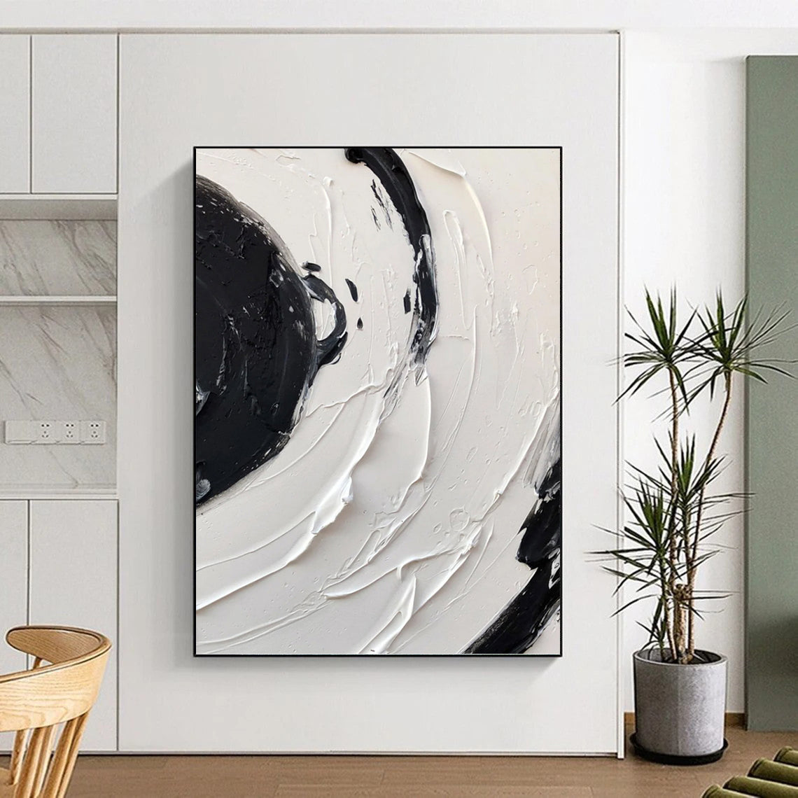 “Swirling Black - White Impasto” - Abstract Expressionist - Style Painting On Canvas DKH1677