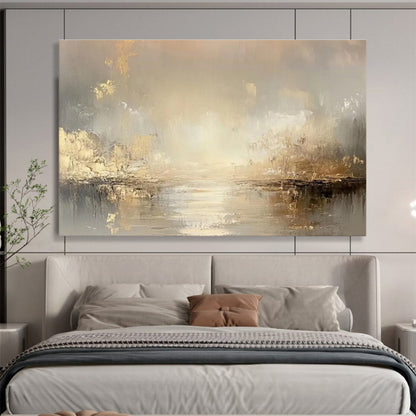 Gold Accent River Landscape Painting On Canvas DKH323
