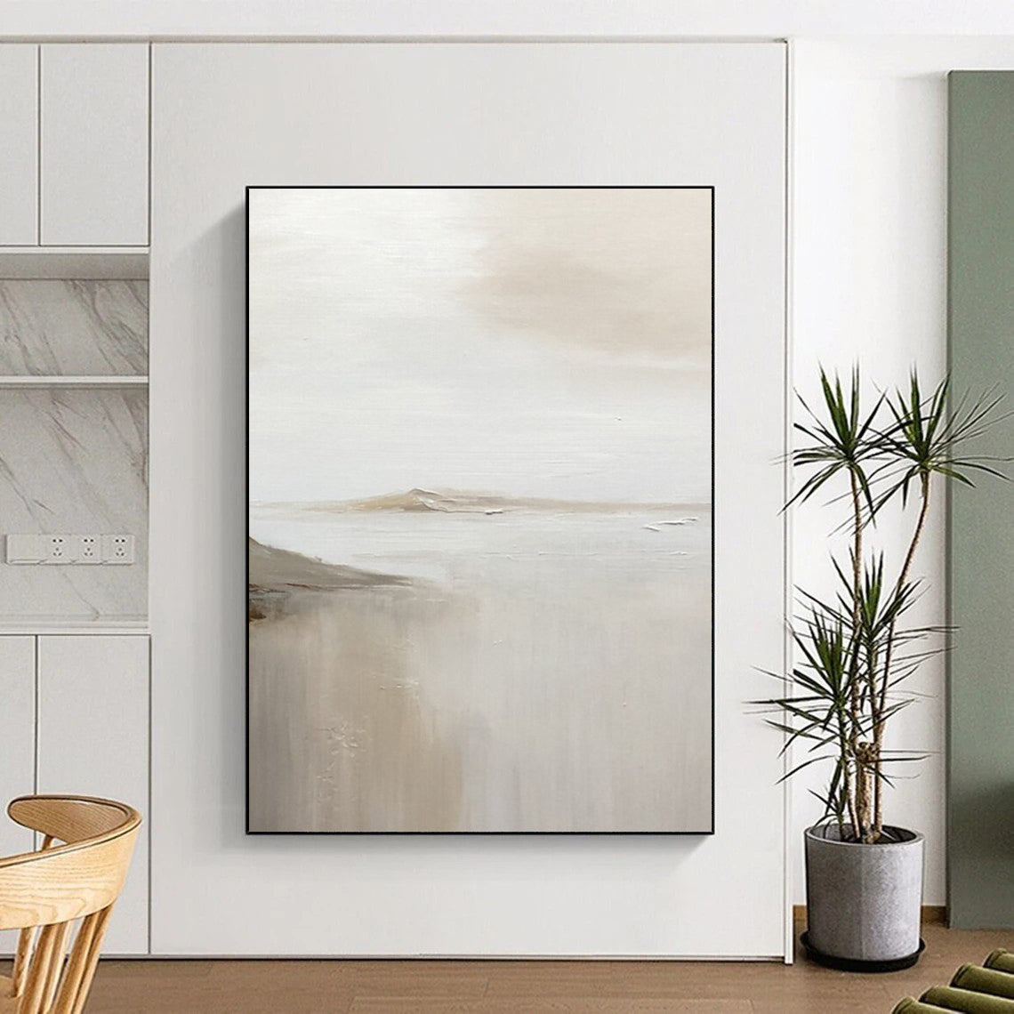 “White, Beige Subtle Landscape ‘Foggy Serenity’” - Impasto Landscape Painting On Canvas DTP359