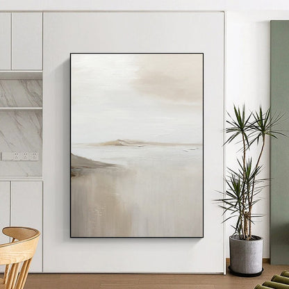 “White, Beige Subtle Landscape ‘Foggy Serenity’” - Impasto Landscape Painting On Canvas DTP359