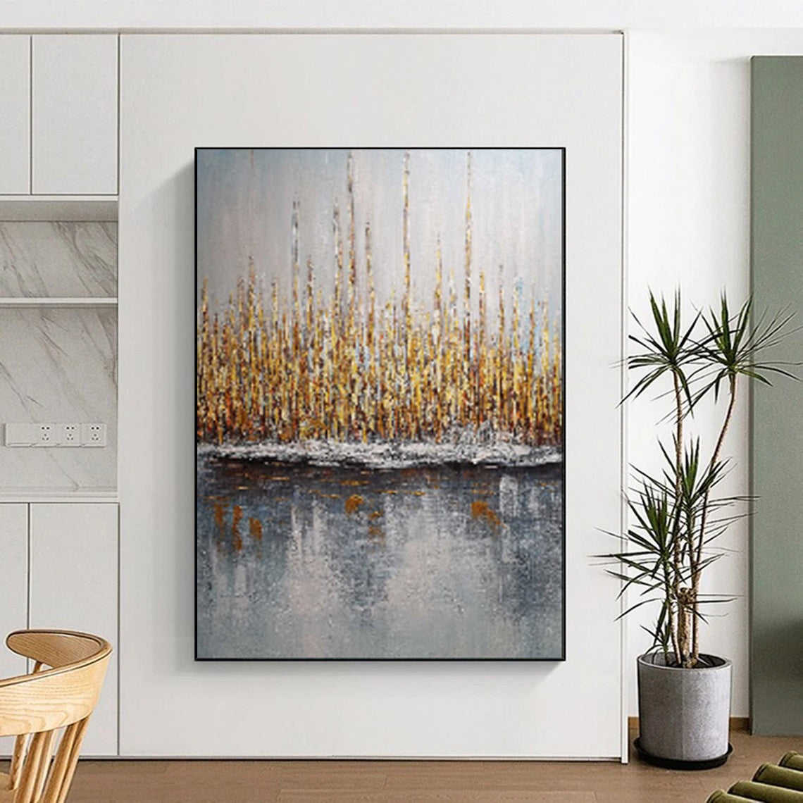 “Golden Reeds by Gray Water” – Landscape Oil Painting On Canvas CT2103
