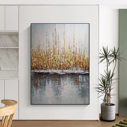 “Golden Reeds by Gray Water” – Landscape Oil Painting On Canvas CT2103