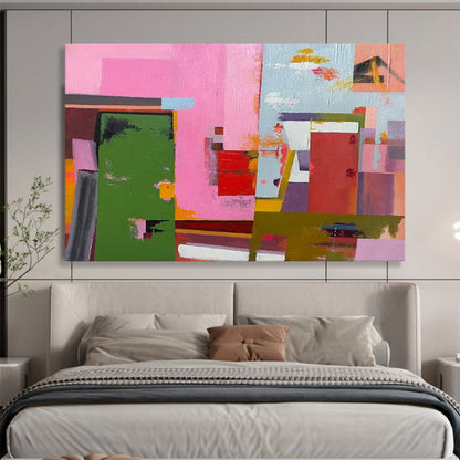 “Pink, Green, Color - Blocked ‘Vibrant Architecture’” - Abstract Cityscape Painting On Canvas DLZ013