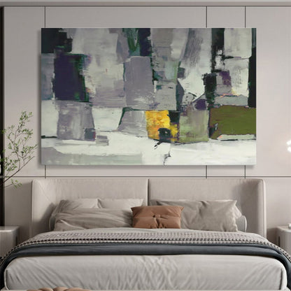 “Gray & Colorful Geometric Blocks” Abstract Cubist - Inspired Painting On Canvas DKH365