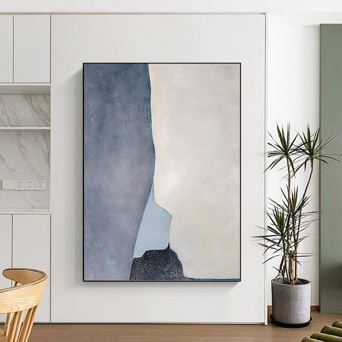 “Geometric Calm” - Gray, White & Light Blue Abstract Shapes Painting On Canvas DKH1539