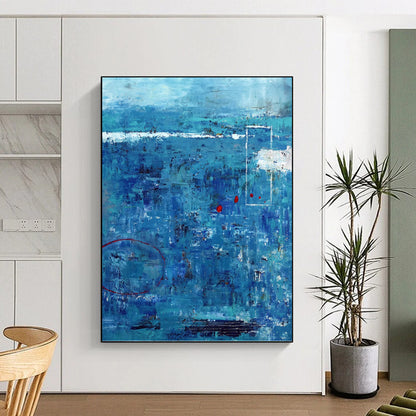 “Blue - Dominant Textured Abstract with Red Accents” - Expressive Abstract Painting On Canvas DKH1100