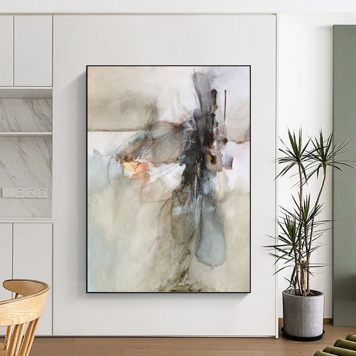 “Abstract Line & Color Fusion” - Gray, Blue & Orange Watercolor - Style Painting On Canvas DKH0950