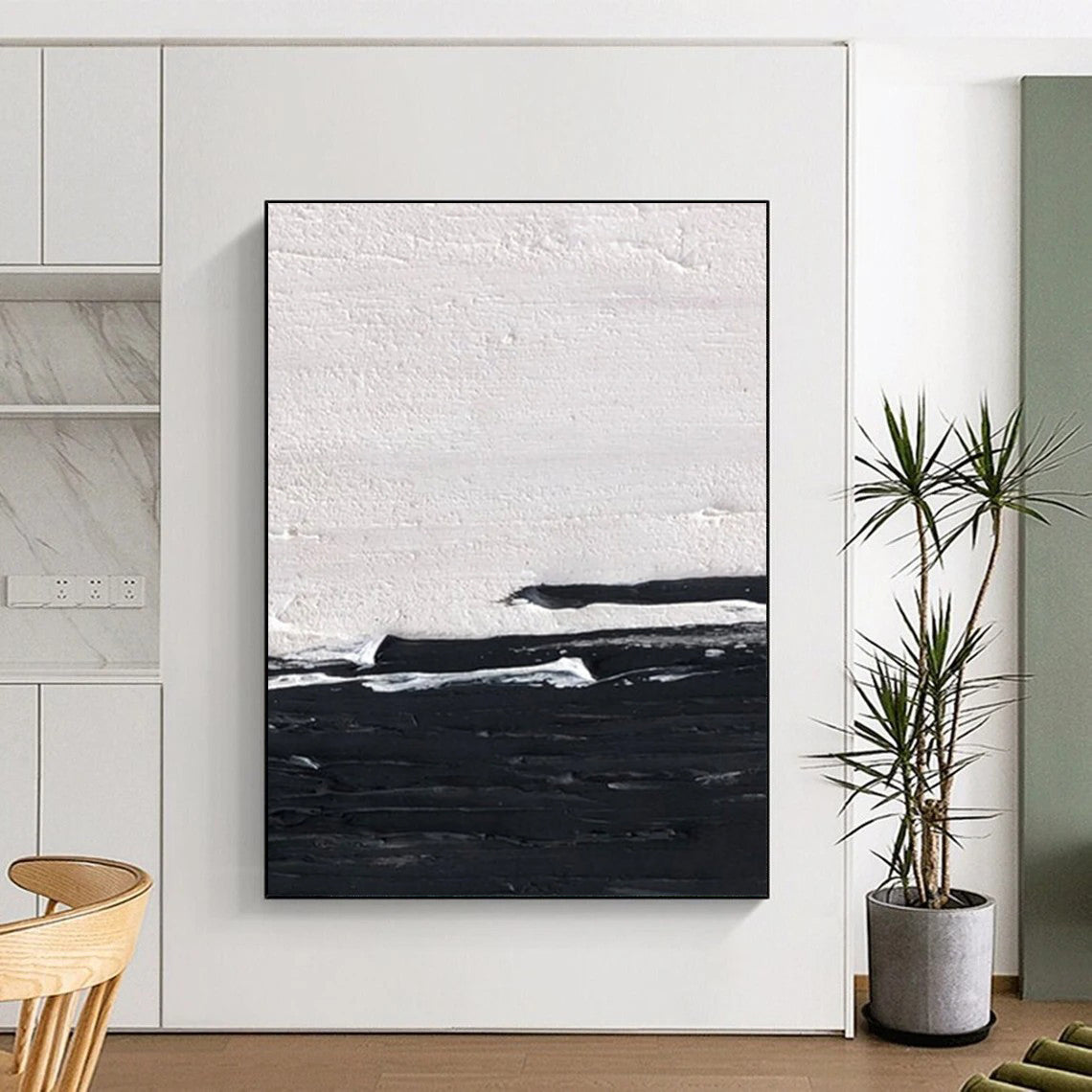 “Black, White Minimalist ‘Silent Horizon’” - Impasto Abstract Painting On Canvas DTP402