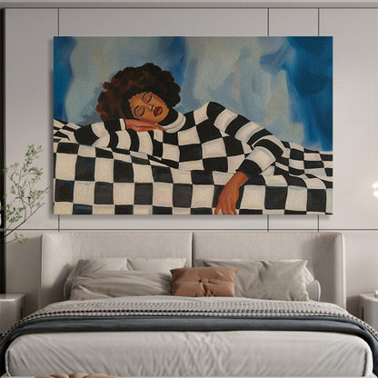 Woman on Checkered Couch Serene Portrait Painting On Canvas DKH225