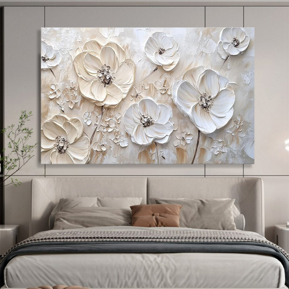3D White Flowers - Beige & White Floral Painting On Canvas DKH906