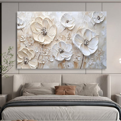 3D White Flowers - Beige & White Floral Painting On Canvas DKH906
