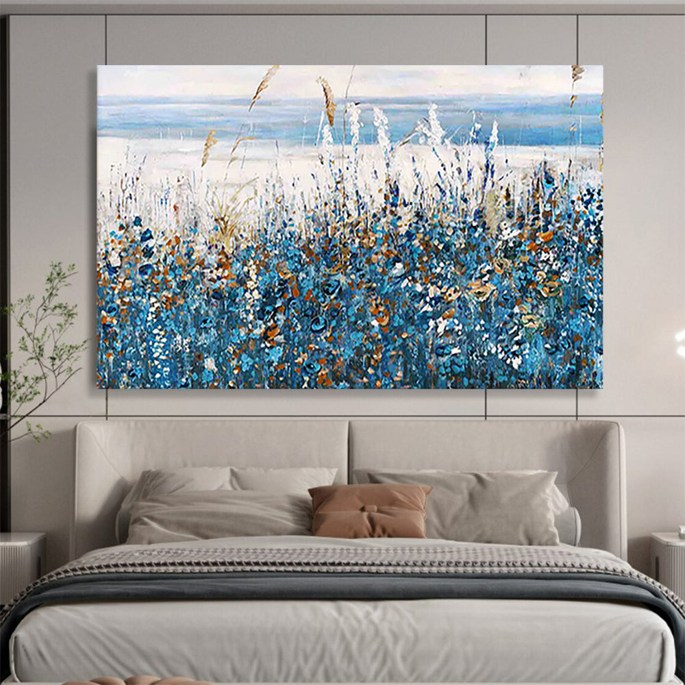 Blue Wildflowers by the Sea - Impressionist Landscape Painting On Canvas DLZ203
