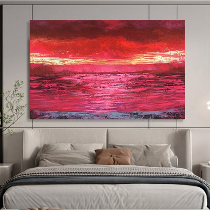 Red Sunset Over Water Painting On Canvas DKH191