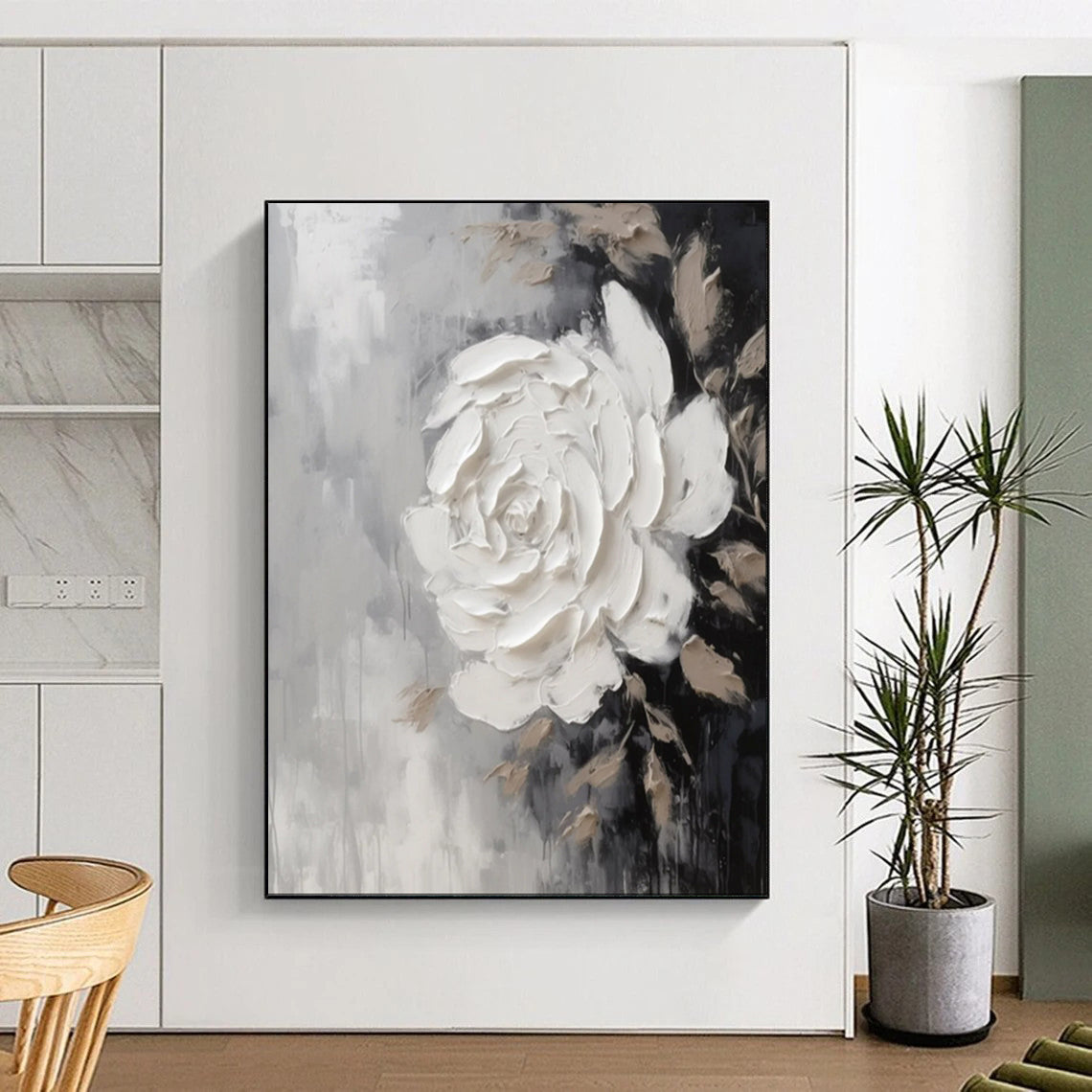 “Textured White Rose on Gray” – Floral Impasto Painting On Canvas CT2104