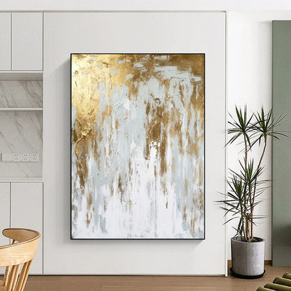 “White - Gold Abstract Drip” - Abstract Expressionist Painting On Canvas DTP074