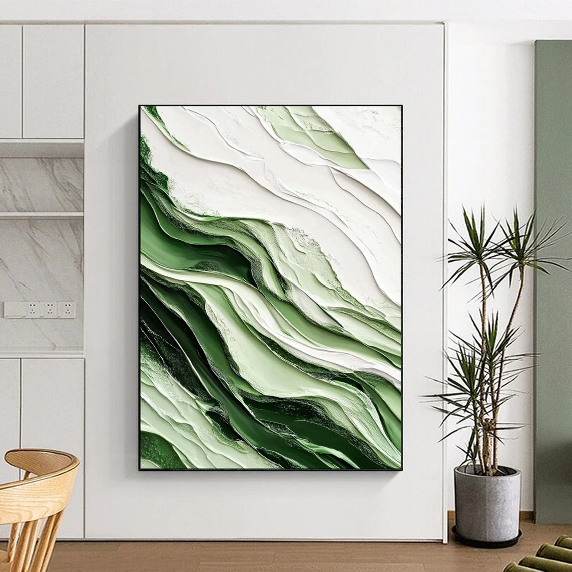 “Emerald and Ivory Waves” – Textured Abstract Acrylic Art CT2069