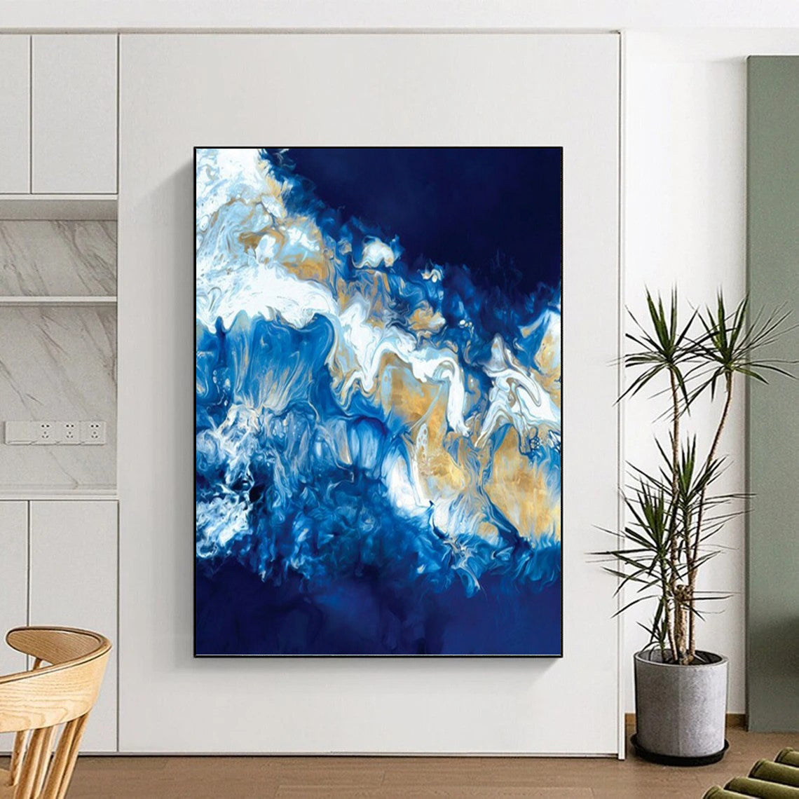 “Blue & Gold Fluid Art” - Abstract Resin - Like Painting On Canvas DKH1650