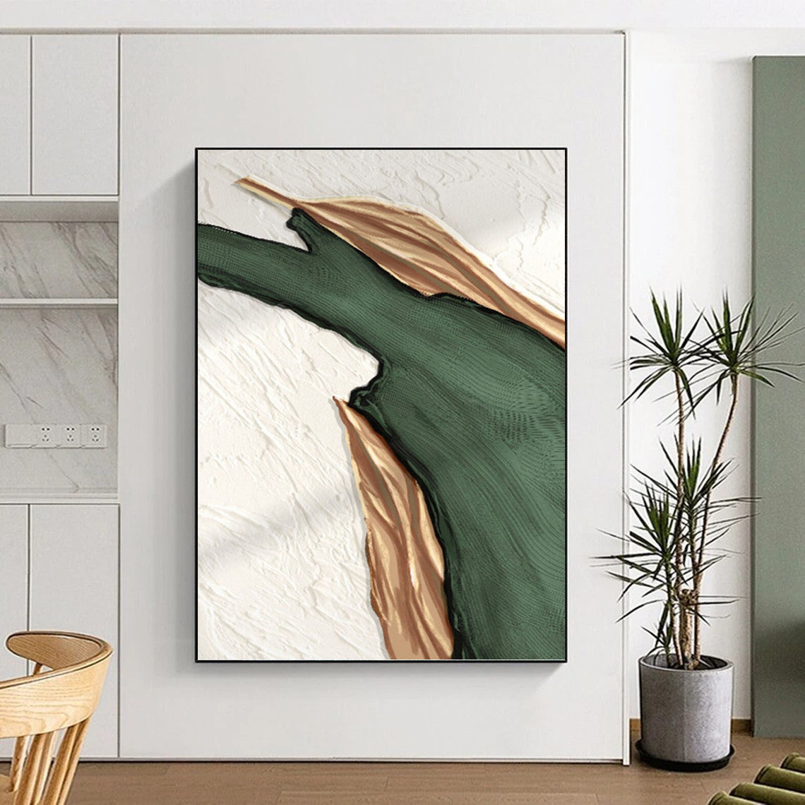 “Elegant Streaks” - Green & Gold Abstract Shapes Painting On Canvas DKH1507