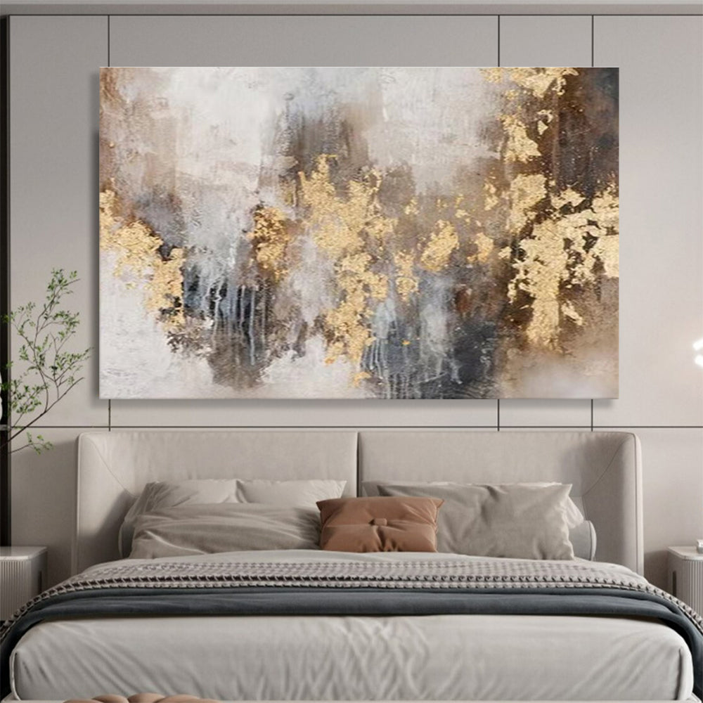 “Gold - Accented Abstract” Abstract Mixed - Media Painting On Canvas DKH413