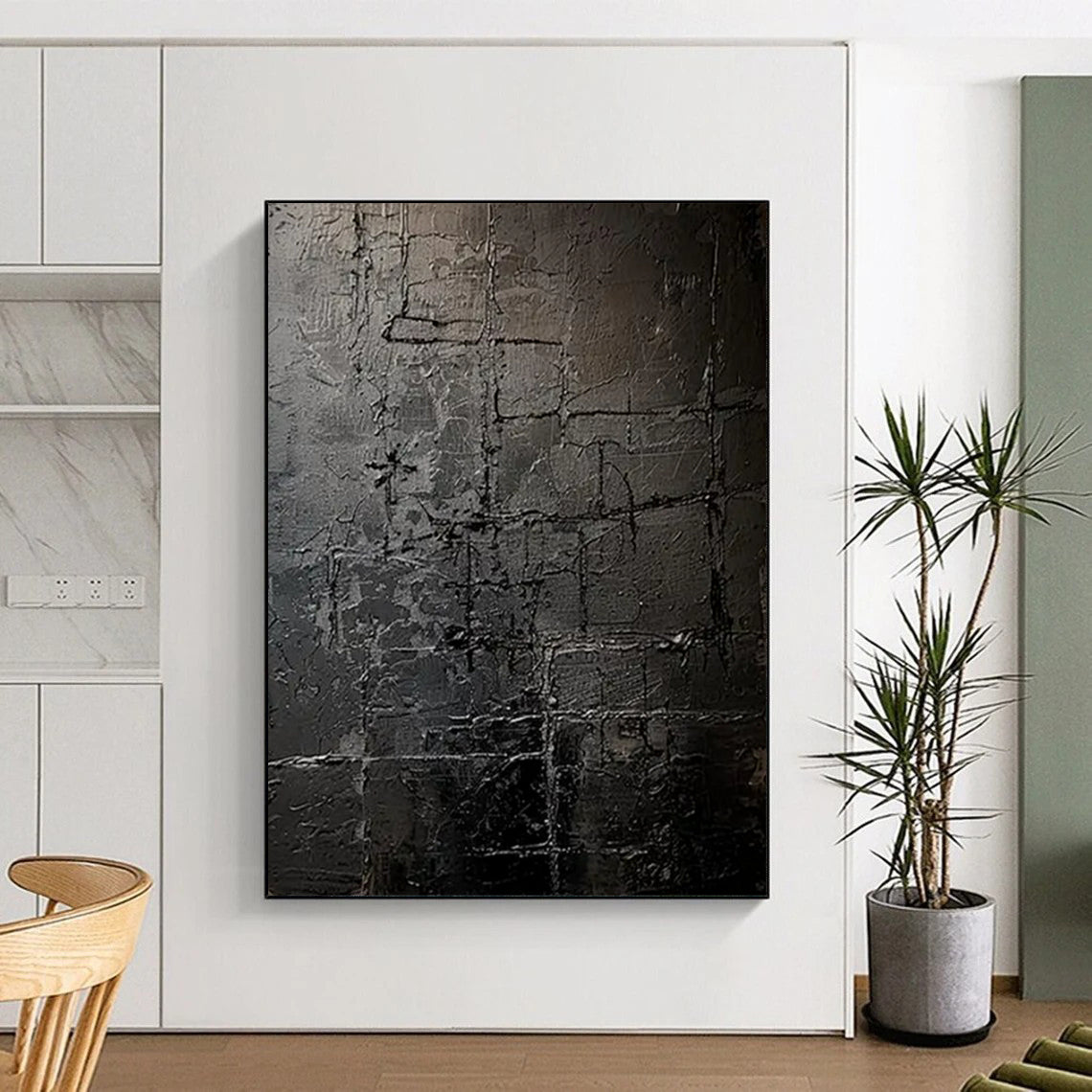 “Textured Black Grid Abstract” - Abstract Painting CT2363