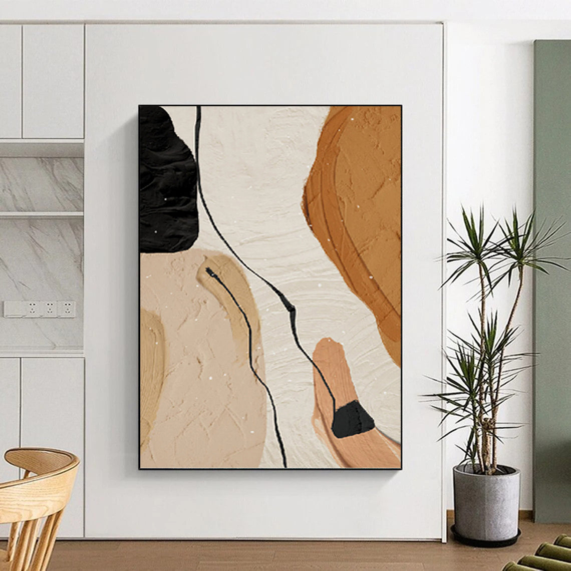 “Organic Flow” - Beige, Brown & Black Abstract Forms Painting On Canvas DKH1513