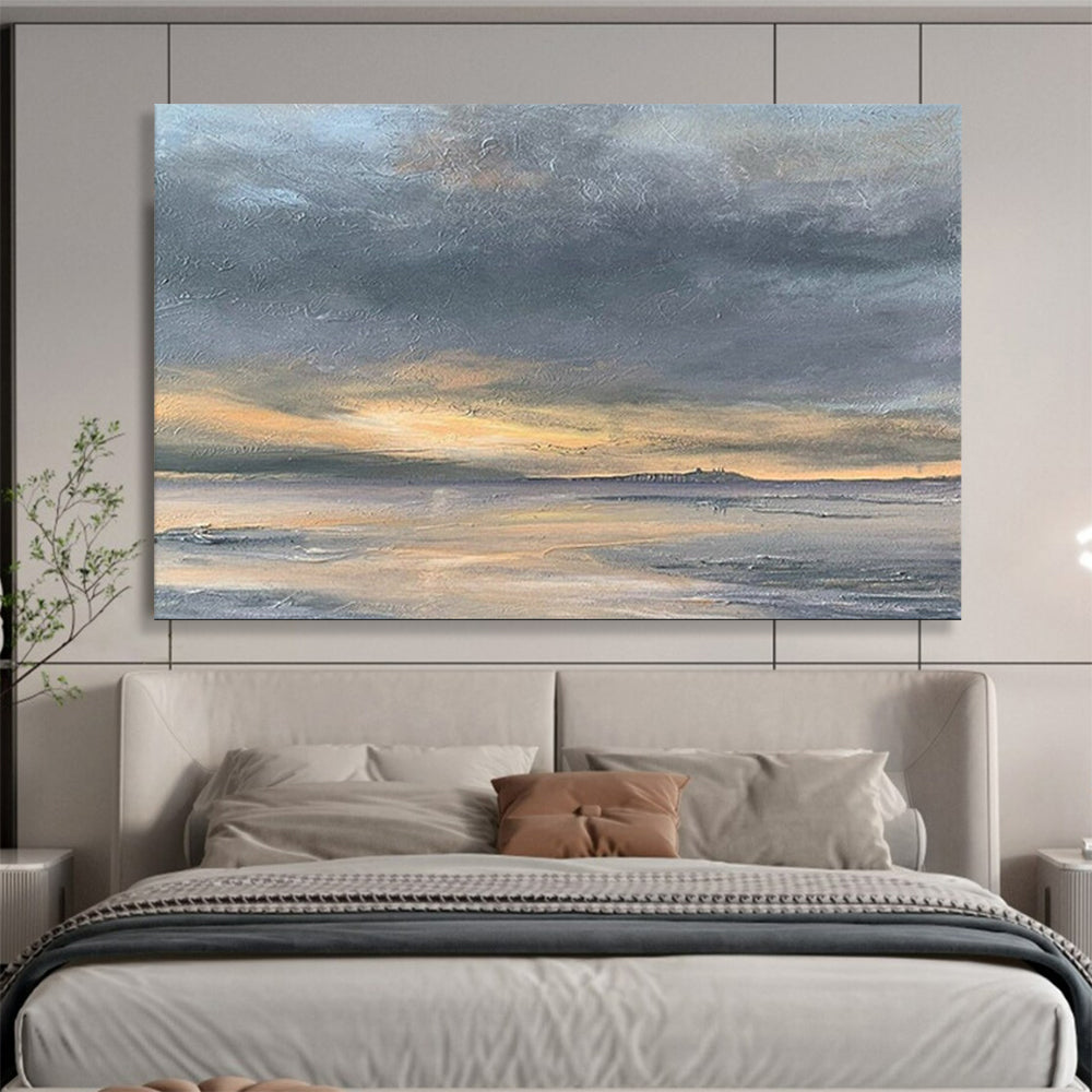 “Gray, Orange, Sunset Shore ‘Golden Dusk’” - Impressionist Seascape Painting On Canvas DLZ023