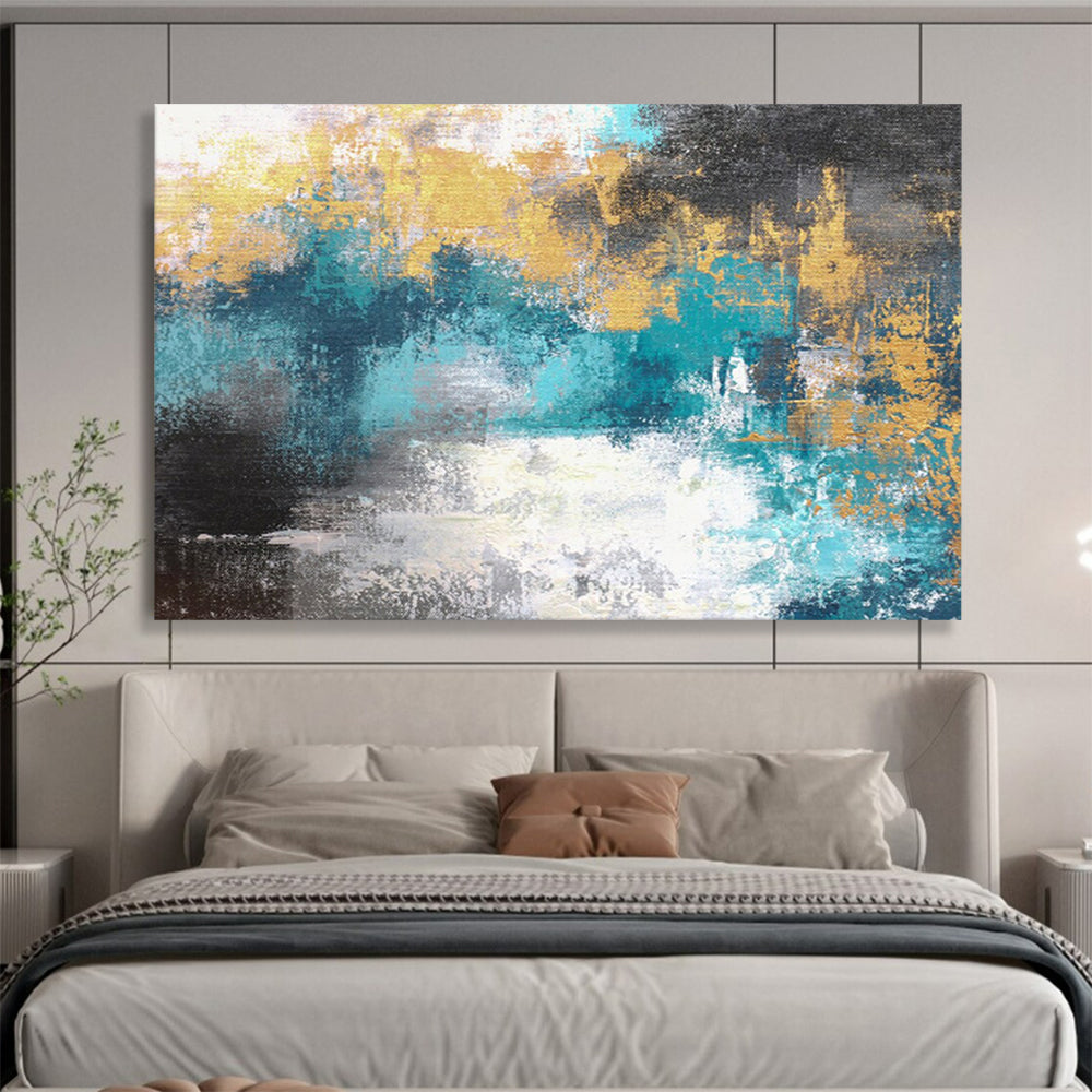 “Teal and Gold Abstract - Textured Blue - Greens and Shimmering Golds” Painting On Canvas DKH004