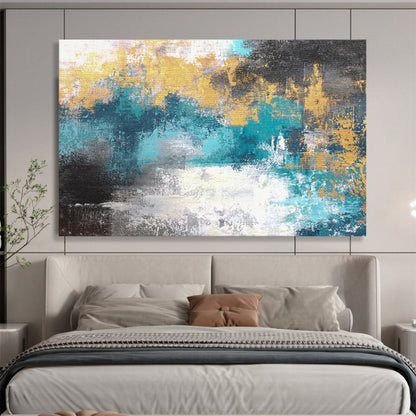 “Teal and Gold Abstract - Textured Blue - Greens and Shimmering Golds” Painting On Canvas DKH004