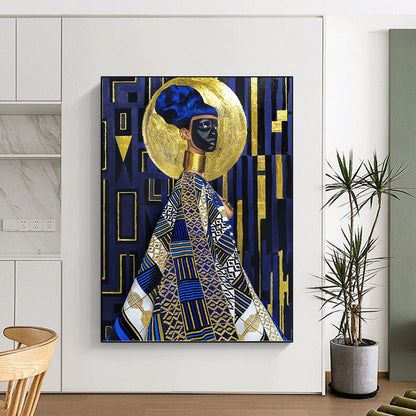 “Regal Blue & Gold Figure” - Afro - Centric Inspired Portrait Painting On Canvas DKH1624
