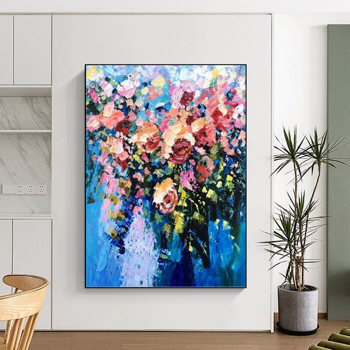 Vibrant Floral Bouquet in Blue Vase - Impasto Flower Painting On Canvas DKH1349