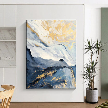 “Blue - Gray Mountain with Gold Streaks” - Blue, Gray & Gold Abstract Landscape Painting On Canvas DKH0943