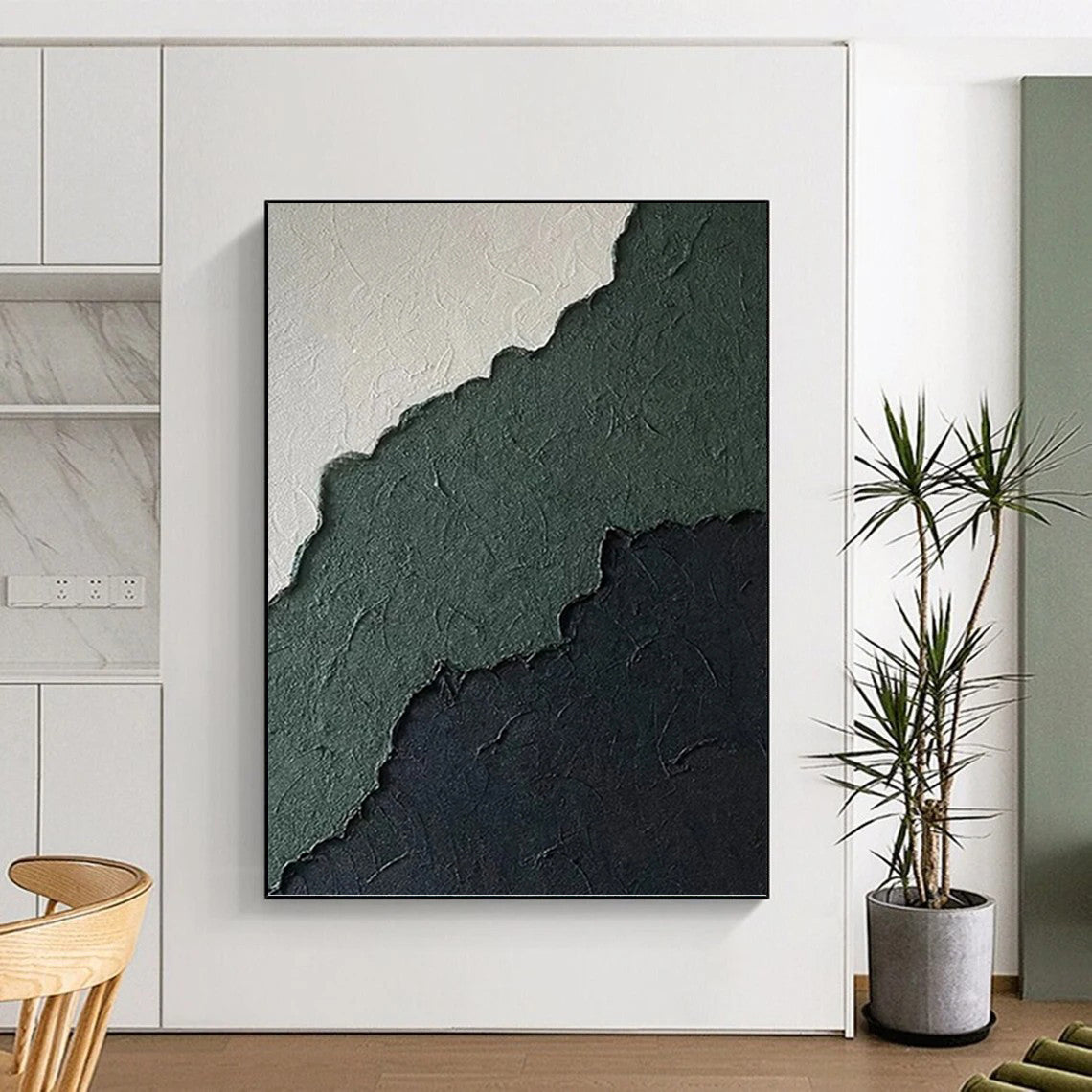 “Ragged Green & Black Textures” - Green, Black & White Textured Abstract Painting On Canvas DKH1218