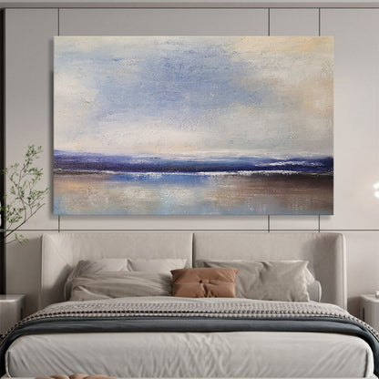 “Blue, White, Minimalist Shore ‘Quiet Beach Reflection’” - Minimalist Seascape Painting On Canvas DLZ037