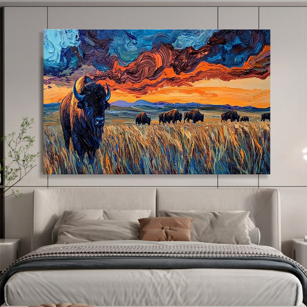 “Swirling Sky Bison Herd” - Dynamic Wildlife Painting On Canvas DKH806