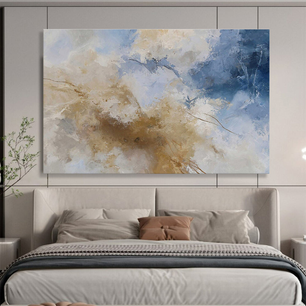 Blue, White, and Gold Abstract “Skyward Luxe Abstraction” Painting On Canvas DKH136