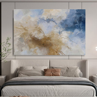 Blue, White, and Gold Abstract “Skyward Luxe Abstraction” Painting On Canvas DKH136