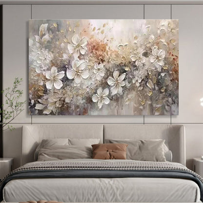 “Neutral Floral Impasto”：Textured Beige Flower Painting On Canvas DKH259