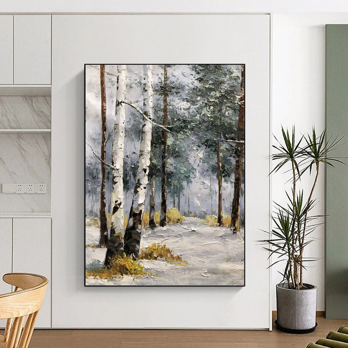 Frosty Forest Path in Cool Tones - Winter Landscape Painting On Canvas DKH1283