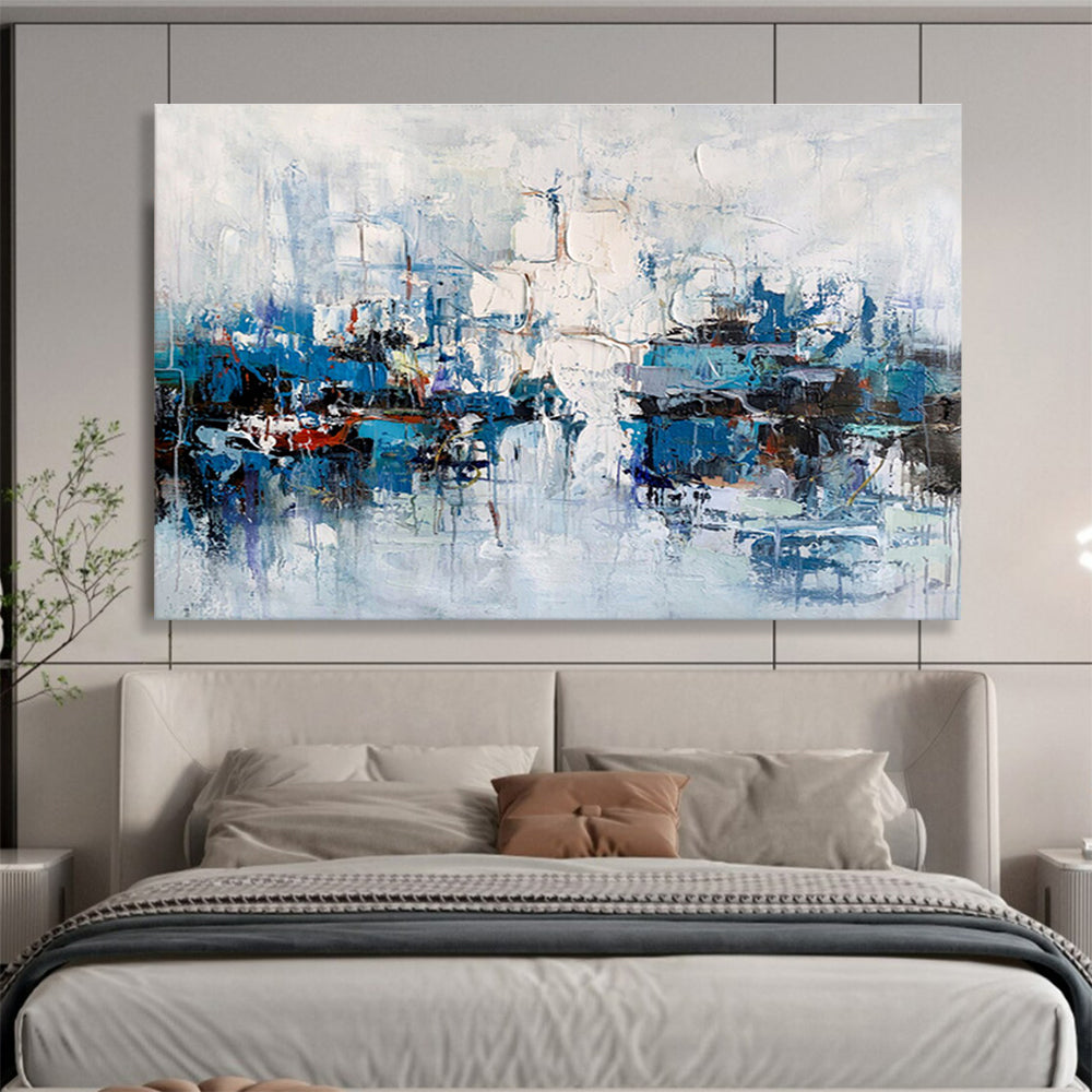 “Blue and White Abstract Harbor” Painting On Canvas DKH162