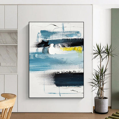 Blue, Black, White & Yellow Abstract Layers, “Coastal Rhythm” - Impasto Abstract Painting CT0778