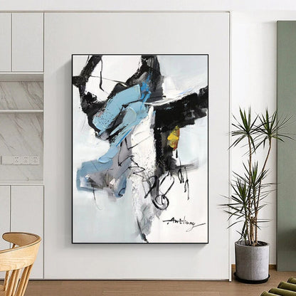 Blue, Black, White, Yellow & Gray Abstract Forms, “Energetic Balance” - Impasto Abstract Painting CT0782