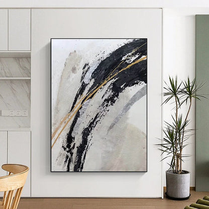 “Black, Gold, and Silver Swirls” - Black, Gold, Silver, White Abstract Painting On Canvas DTP249